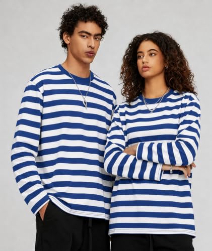 Image of KESIHAN Mens Striped Long Sleeve Shirt Crewneck Casual Basic Stripe Tee | Crewneck long sleeve striped tee with cotton spandex fabric,casual regular fit basic style for daily wear and layering.