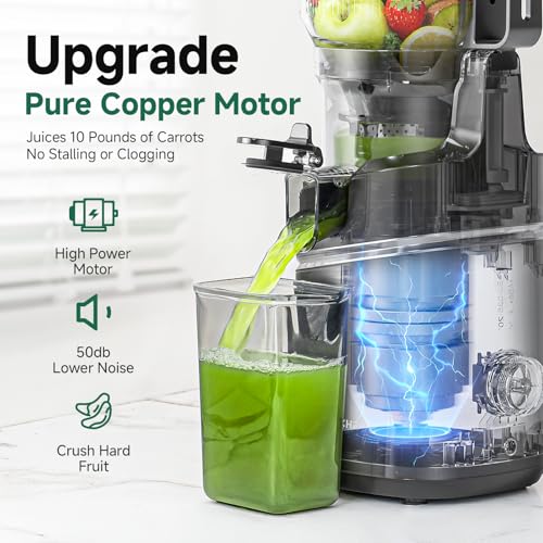 Image of AMZCHEF Cold Press Juicer - 6.5 inch Wide Mouth Hopper for Whole Recipe Loading, Self Feeding for Hands-Free Operation, Zero Waste Masticating Juicer For More Juice, Less Pulp - Triple Strainers