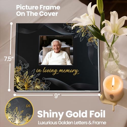 Image of Funeral Guest Book, in Loving Memory Sign in Book with Photo Slot | 330 Entries, Table Sign Card Included, Gold Stamping, Twill-Textured Paper Cover, Celebration of Life Keepsake, 9x7.5 inch, Black
