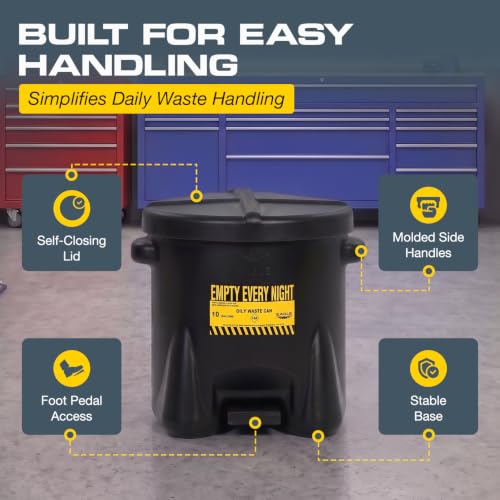 Image of Eagle Oily Waste Can, Self-Closing Lid, 10 Gallon, Made in the USA, Black