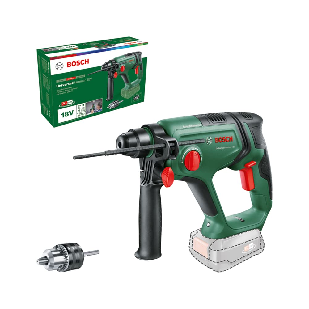 BoschCordless Rotary Hammer Drill UniversalHammer 18V (Without Battery; 18V System; Round-Shank Adapter; Drilling/Hammer Drilling/Chiselling; 2.0 J Impact Energy; SDS Plus Tool Holder; in Carton)