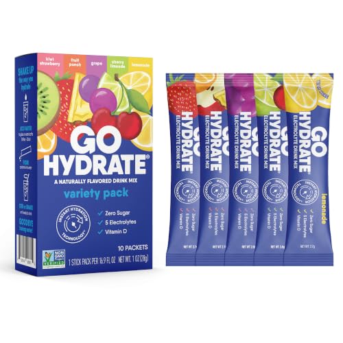 Image of GoHydrate Instant Hydration Powder Packets - Low Sodium Electrolytes Drink Mix - Natural Hydration Support, Sugar Free Electrolyte Flavored Powder Drink with Vitamin D, 10 Packs, Mixed | Instant hydration daily drink mix; water flavor packet singles with Vitamin D