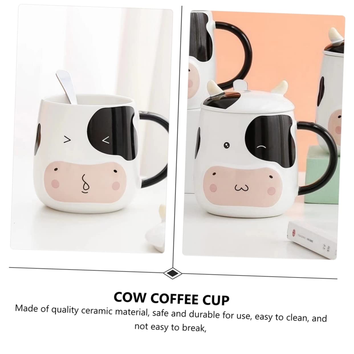 Keramik Kaffeebecher 450ml mit Deckel und Löffel Milch und Teetasse für Kinder Stilvoller Porzellanbecher mit Niedlichem Kuh Design