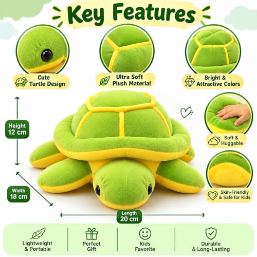 Image of TortoisePlush Sea Turtle Soft Toy, Dark Green and Yellow, 22 cm, Stuffed Animal for Kids, Modern Design, Tortoise Theme, Durable Quality (Green and Yellow)