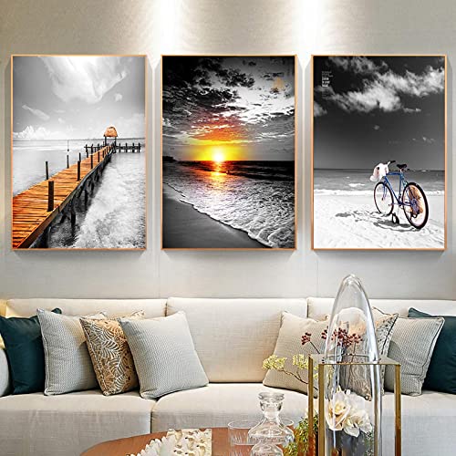 Affiche plage et vélo au lever du soleil toile salon 20x30cmx3 sans cadre