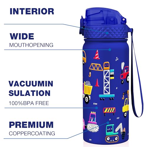 GOPPUS 550ml/18oz Kids Insulated Water Bottle with Straw Cute Double Wall Stainless Steel Child's Small Flask Vacuum Insulated Steel Metal Leak Proof Drink Flask Boys Toddler Girls Flask BPA-Free - Image 4