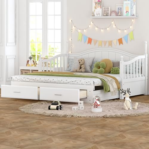 Image of Merax Multifunctional Extending Day Bed with Trundle & Drawers Twin to King Wood Sofa Bed with Headboard No Box Spring Needed White