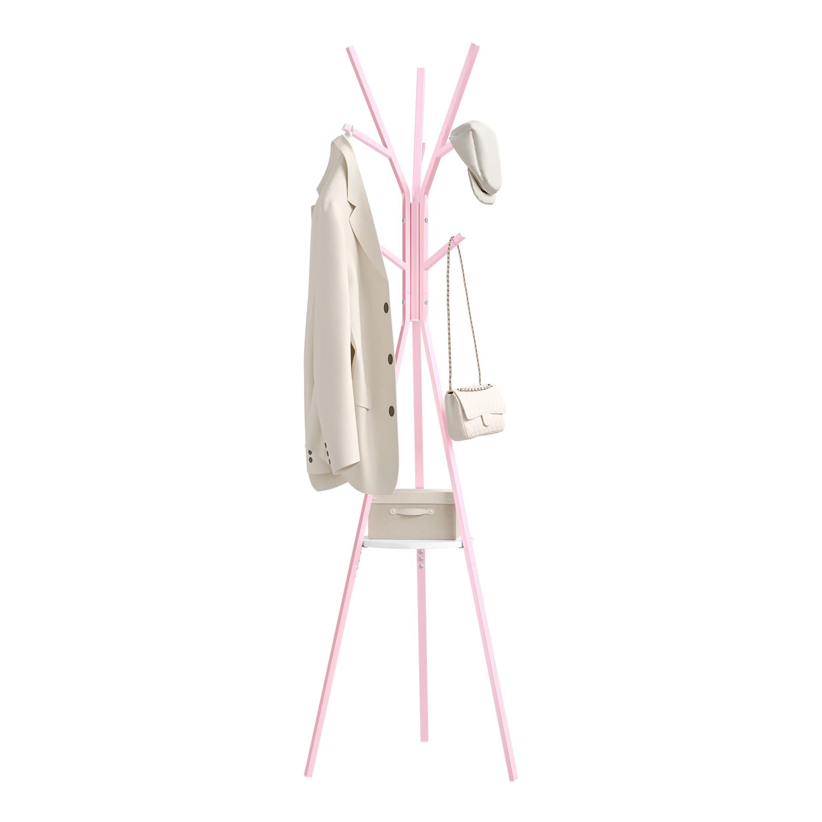 WOLTU Garderobenständer, freistehender Kleiderständer Metall, Garderobe in Baumform, mit 9 Haken und 1 Ablage, für Kleidung Hüte Taschen, für Wohnzimmer Büro, Höhe 180 cm, Rosa + Weiß