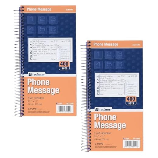Adams Phone Message Book, 5.25 x 11 Inch, Spiral Bound, 2-Part, Carbonless, 4 Messages per Page, 400 Sets, 2-Pack, White and Canary (S1154-2D)