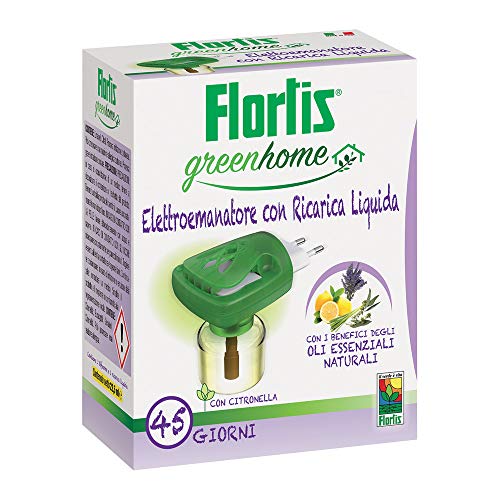 Flortis Green Home Elettroemanatore con 1 ricarica liquida. Antizanzare elettrico per piastrine antizanzare e/o ricarica liquida. Protezione naturale e profumata fino 45gg. Antizanzare per interno.