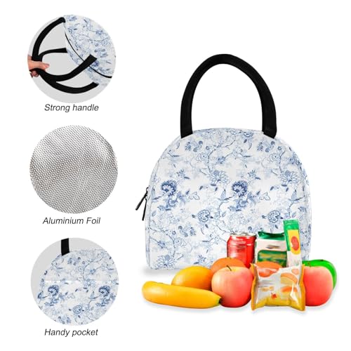 Blue White Floral Backpack for Kids, Girls Boys Lightweight Elementary Bookbag with Lunch Box4