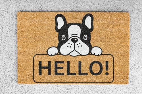 KOKO DOORMATS Kokos Fußmatte außen mit Anti-Rutsch PVC | Lustige Türmatte Hello - Bulldog | Umweltfreundlich, Robust & Pflegeleicht | 60x40 cm für Außenbereich & Haustür