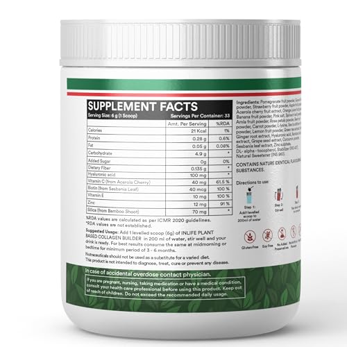 Image of INLIFE Collagen Builder Supplements For Women and Men | Plant Based Collagen Powder with Biotin from Sesbania, Vitamin C, Silica, Hyaluronic Acid, Vitamin E, 200g (Fruit Punch)