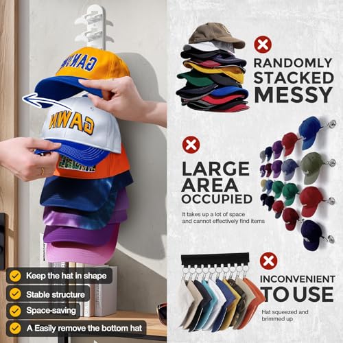Hat Hook for Wall, 2 Pack Hat Organizer Hold up to 20 Hats,Hat Holder with Strong Adhesive and 8 Pack Screws, Cap Holder Hat Hangers for Wall Closet Door and Bedroom(B-white) - image 5