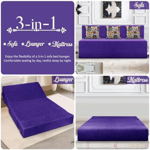 Image of Los Angeles Foldable Three Seater Sofa Cum Bed, Sofa Bed 5 X 6 Feet Jute Fabric Washable Cover- Including Cushion Perfect for Living Room - Purple