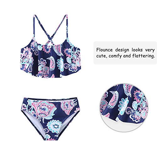Image of Big Girls Two Piece Bikini Swimsuits Floral Ruffle Swimwear Falbala Bathing Suit Set Size 10 /8-10