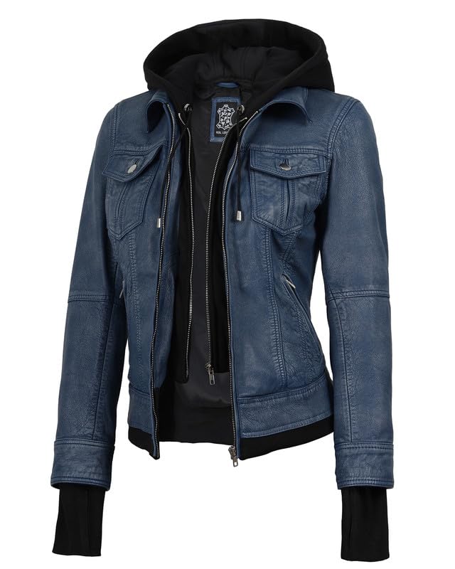 Image of Womens Leather Jacket with Detachable Hood - Real Lambskin Bomber Jacket Thumbholes Women