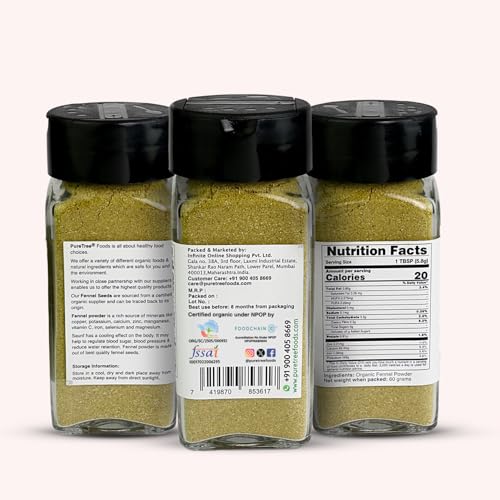 Image of Pure Tree Certified Organic Saunf Powder | 60 g | Glass Jar | Fennel Seed Powder | Variyali, Sompu Powder | Gluten Free & Flavourful