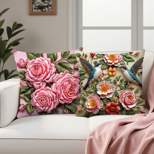 Pack of 2 Cushion Covers, Cushion Covers 45 x 45, Floral Retro Th...