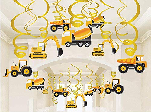 AimtoHome Construction Theme Swirls Decorations, Construction Trucks Party Hanging Swirl Decorations, Excavator Bulldozer Vehicle Farm Tractor Cement Mixer Truck Swirls Decorations, Pack of 30