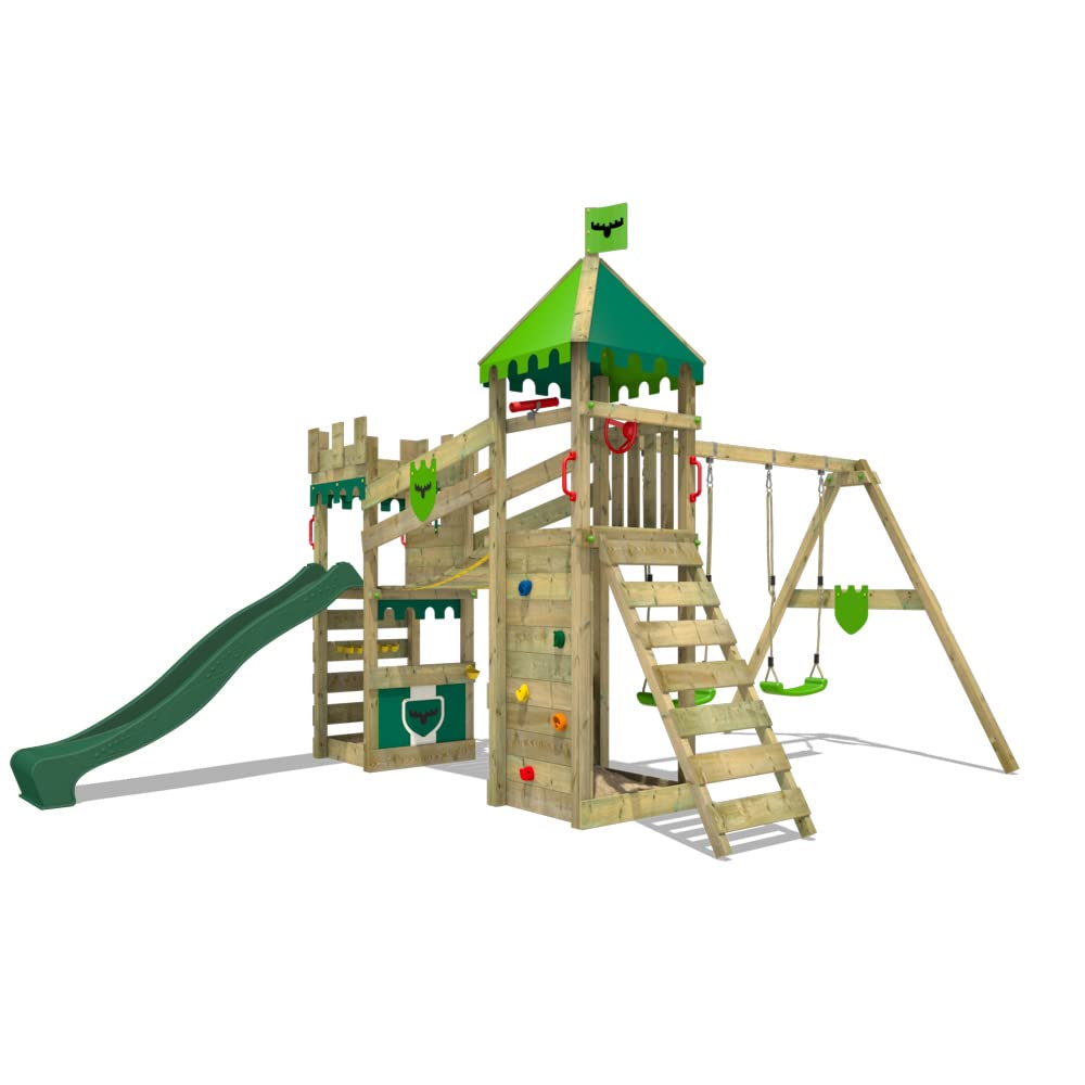 Fatmoose Parque Infantil Castillo RiverRun Royal con Columpio y tobogán Verde, Torre de Escalada Infantil de Exterior con arenero Escalera y Accesorios de Juego para el jardín