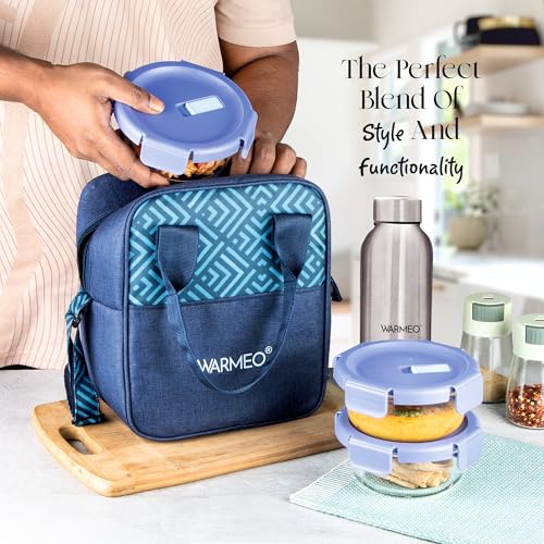 Image of WARMEO BOROFRESH Set of 4 Borosilicate Glass Tiffin (3 Round Container,400ml Each + 1 Steel Bottle 750 ml)| Leakproof, Microwave & Dishwasher Safe Lunch Box with Bag for Office, College & School