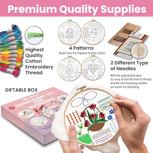 Image of Moni Crafts Adult Beginner Embroidery Kit - 4 Pre-Printed Patterns (Flower, Mushroom, Floral, Heart) - Learn 41 Stitches, Hand Embroidery Starter Craft Set
