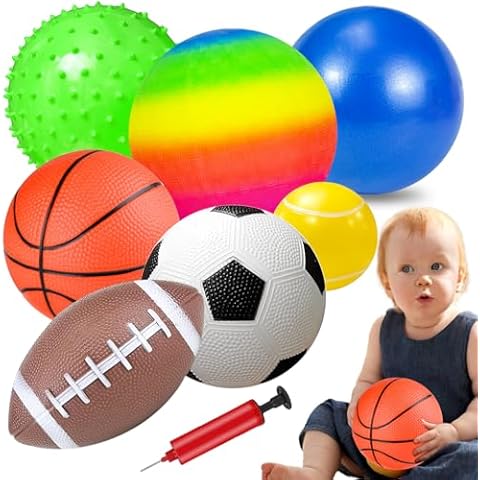 Balls for Toddlers 1-3, 8 Pack Sport Balls Toys with Air Pump- Football, Rugby Ball, Basketbal, Bouncy Ball, Tennis Ball, Massage Ball, Beach Ball, Stress Ball, Indoor Outdoor Toddler Sports Gifts Cover
