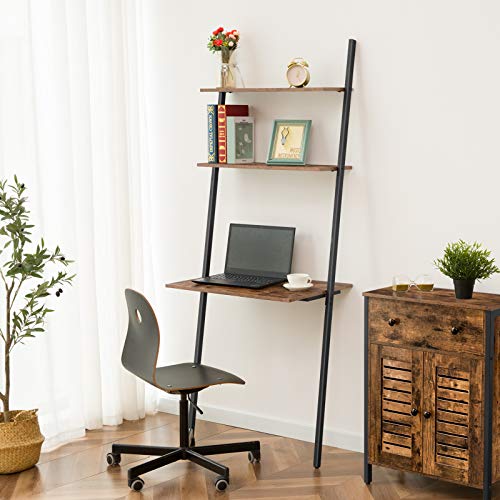 HOOBRO Ladder Computer Desk, Small Home Office Writing Desk with Bookshelf, Industrial Ladder Shelf, Sturdy Metal Frame, Space-Saving Workstation, Easy Assembly, Rustic Brown BF72DN01