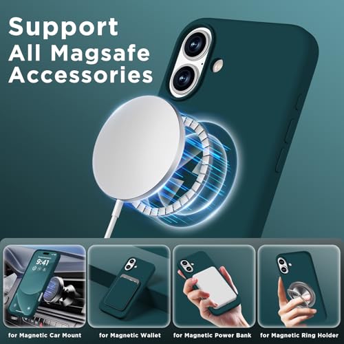 Image of Magnetic for iPhone 16 Case, Compatible with Magsafe, Suction Cup Phone Mount, [2 Screen Protectors][Camera Lens Protector] Silicone Shockproof Protective Slim Phone Cover 6.1 inch, Dark Green