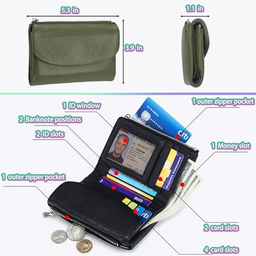 Unisex Pebble Leather Wallet - Slim Genuine Leather Card Holder, RFID Protected with Dual Zipper Coin Pockets, 6-Card Slots & Cash Organizer, Travel-Ready for Women & Men (Olivegreen)2