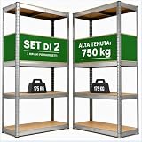 FENIXSHOP24 FNX Set di 2 Scaffali per Carichi Pesanti, Scaffalature a 5 Ripiani in Acciaio e ripiani in legno, Scaffalatura Senza Viti, Portante 750 kg, 40 x 90 x 180 cm (TOT. 40P X 180L X180A)