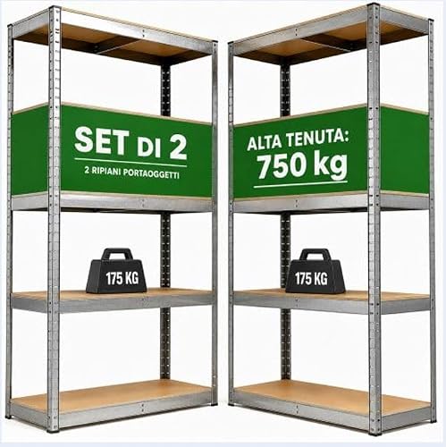 FENIXSHOP24 FNX Set di 2 Scaffali per Carichi Pesanti, Scaffalature a 5 Ripiani in Acciaio e ripiani in legno, Scaffalatura Senza Viti, Portante 750 kg, 40 x 90 x 180 cm (TOT. 40P X 180L X180A)
