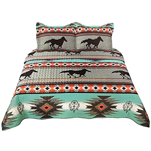 Western Peak 3 Pc Saddleridge Horse Native Tribal Aztec Dream Catcher Print Quilt Bedding Set with Pillows (Turquoise Grey, King)