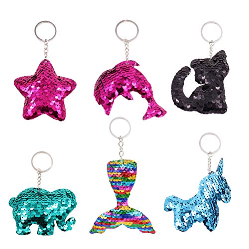 STOBOK 6 unids Animales Llaveros con Lentejuelas Unicorn Star Dolphin Sirena Coche Llavero Bolso Decoraciones Colgante para el Regalo de cumpleaños Niños Niñas Mujeres