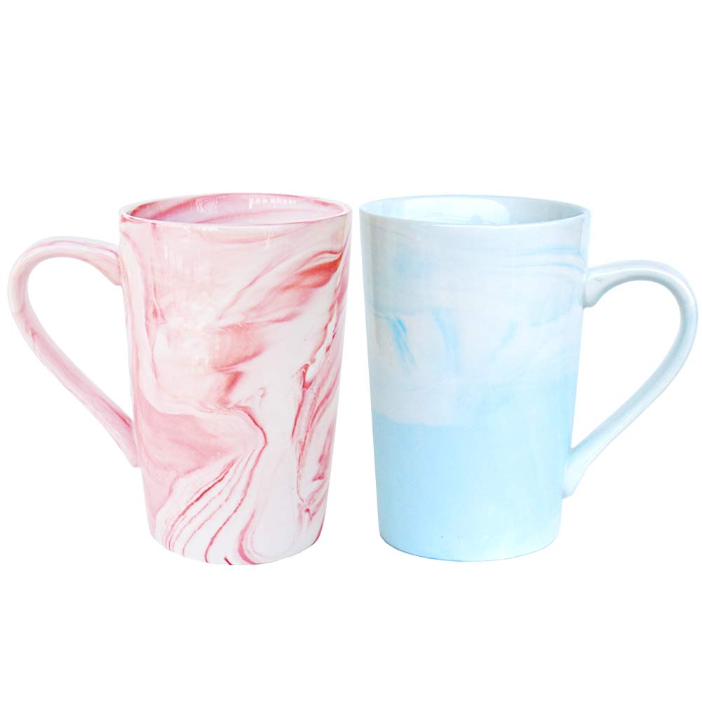 Marbling Ceramic Coffee Mug Set of 2, Tea Cup for Office and Home, 13 Oz, Dishwahser and Microwave Safe (Pink&Blue, Tall)