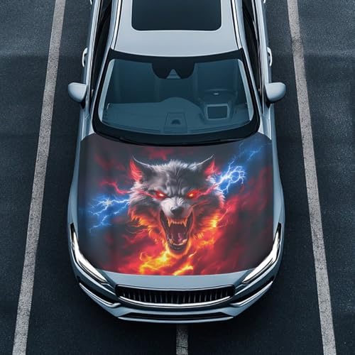 Image of Car Hood Cover Protector 59x39 Inch Stretchable Car Hood Wraps Lightning Flame Wolf Design Waterproof Automotive Accessories for Most Sedans SUV Trucks Minivan