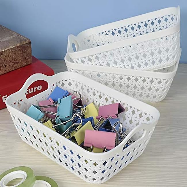 12-Pack White Plastic Woven Storage Basket Tray with Handle (Mini)