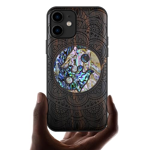 Custodia in Legno per iPhone 11 Case Incisione in legno e intarsio di cozze Estetico Cover Compatibile con Apple 11 Antiurto nero-Guscio Yin Yang Lupo