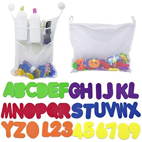 2 x Mesh Baby Bath Toys Storage+6 Ultra Strong Hooks+36 Bath Foam Letters and Numbers. Foam Baby Bathtub Letters Number for Toddlers, Baby, Kids. Organizer Net Bag for Baby Bath Toys, Shampoo & Soap Cover