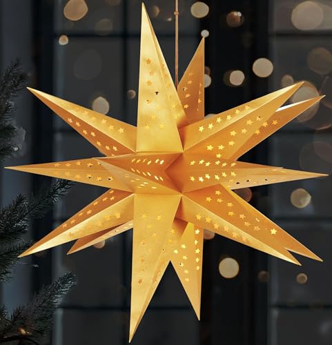 BRUBAKER Étoile de Noël 3D pour l'Intérieur - 60 cm Étoile Lumineuse XXL en Papier - Fonctionne sur Piles avec Minuterie - Étoile LED Suspendue - Étoile de l'Avent pour Décoration de Noël - Or