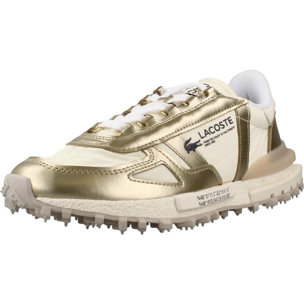 Lacoste Elite Active Zapatillas Running Años 70, Blanco y Dorado, Nailon y Ante, Suela de Caucho, Estilo Deportivo Retro