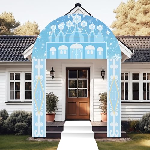 Image of Tingjoo 4 Pcs Winter Wonderland Door Cover Winter Castle Hanging Banner White Snowflake Runner Entryway Party Decorations Blue Wonderland Porch Sign Photo Backdrop for Holiday Classroom Party Supplies