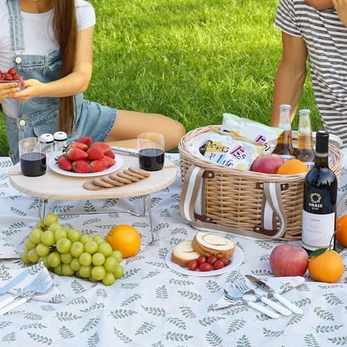 Zettfuly Picknickkorb-Set für 2 Personen – Isolierter Weidenkorb mit wasserdichter Decke, klappbarem Picknicktisch für Wein & Bestecksets, Picknickkörbe-Set für Camping, Outdoor, Valentinstag (Blatt)