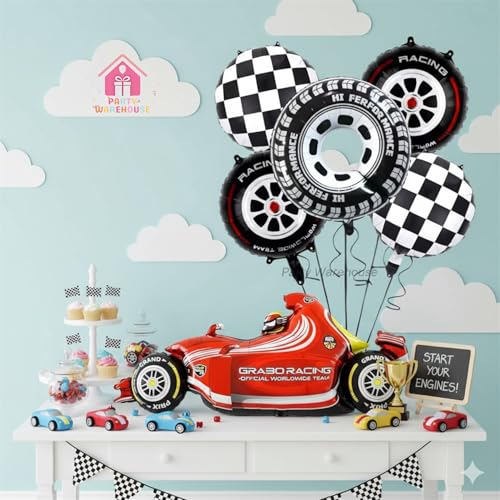 Image of Party Warehouse Racing Car Balloon Set for Boys Birthday-6Pcs |Race Theme Foil Balloons for Race Lovers|Red Car, Tyre & Checkered Flag Balloons for Kids /Adults Party Decorations