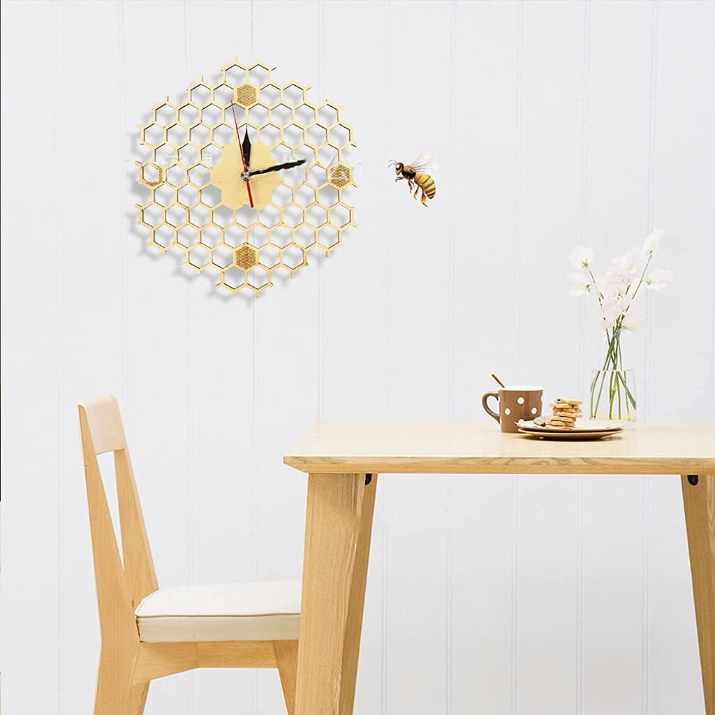 Wooden Wall Clock, Hexagonal Hollow Honeycomb Wall Decoration Wall Clock Silent and No Ticking Sound, Modern Simple Style for Indoor and Outdoor Garden Living Room Decorations