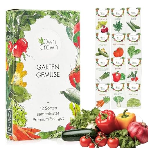 OwnGrown Gemüse Samen Set, 12 Sorten Premium Gemüse Saatgut, Gemüse anbauen im Garten oder Hochbeet, Gemüsesamen Sortiment im praktischen 12er Gemüseset