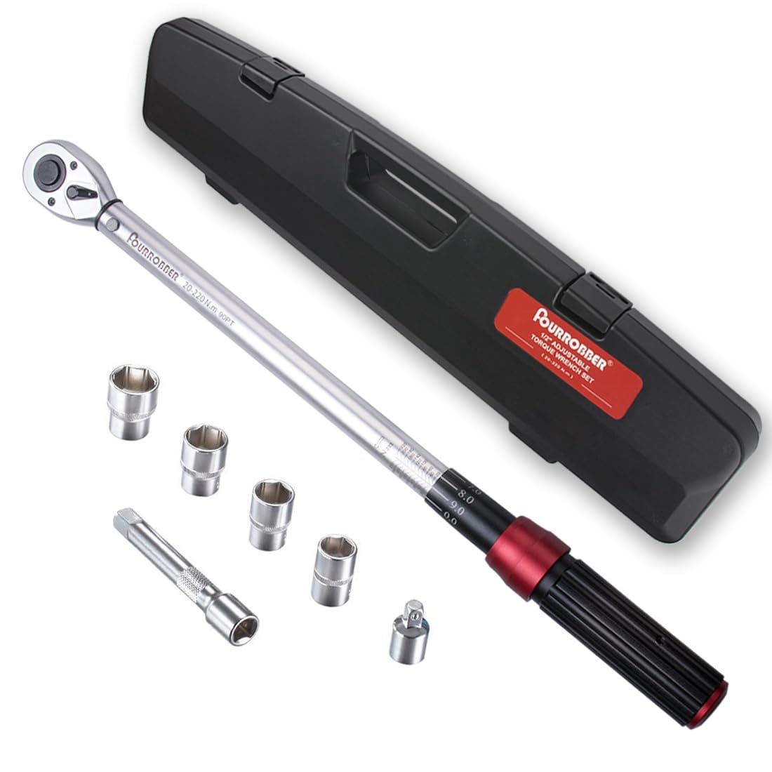 Klucz dynamometryczny 1/2", klucz skrętny 20-220 Nm, dokładność ± 3%, 90-zębowy klucz grzechotkowy, z przedłużeniem i nasadkami do samochodów, ciężarówek, motocykli i rowerów