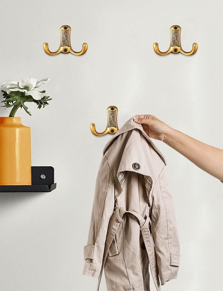 Ganchos para abrigos, Ganchos para perchas, Ganchos de pared atornillados de alta resistencia, juego de 3 ganchos pequeños de metal cepillado for abrigos, gancho doble de bronce antiguo for baño, entr