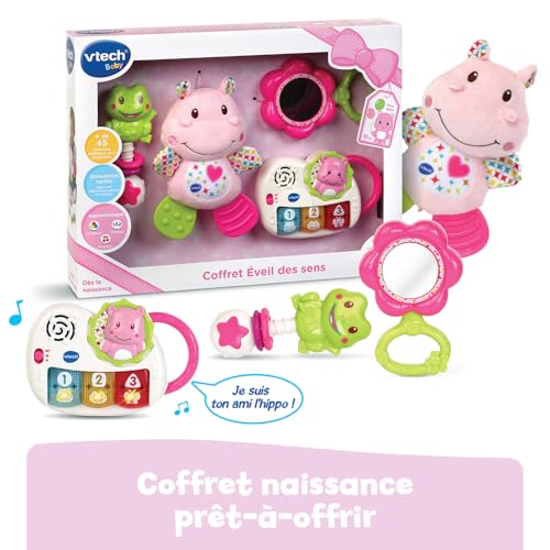 VTech Coffret Naissance Éveil des Sens Premiers Jouets Bébé Doudou Hippo en Peluche Piano Lumineux et Interactif Hochets Grenouille et Miroir Cadeau Nouveau Né Contenu en Français - vue 2